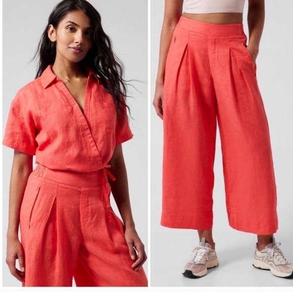 Athleta Playa Linen Set Top & Wide Leg Crop Pants Passionfruit Coral Small 6 S - Picture 1 of 16